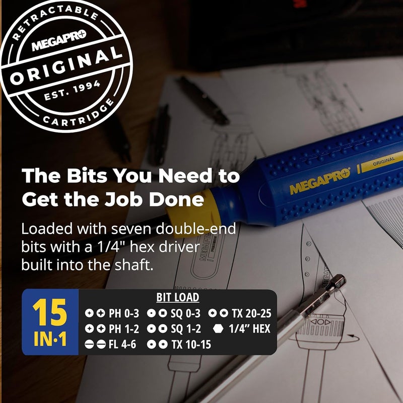 Megapro ® 15-in-1 Original Multi-bit Screwdriver | Home DIY & Repair | Construction | Tradeswork | 14 Industrial-grade bit tips | 1/4" Hex Drive in shaft (Original) - Image 2